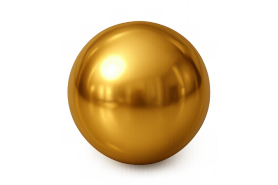 Gold sphere reflecting light, glossy orb representing luxury, wealth, and success, isolated on transparent background