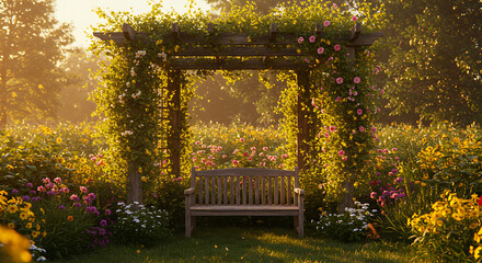 Obraz premium Bench Under Floral Archway in Sunlit Garden - Serene Scene