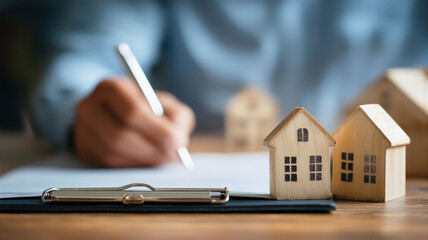 Fototapeta premium Person signing a contract with miniature wooden houses on a table