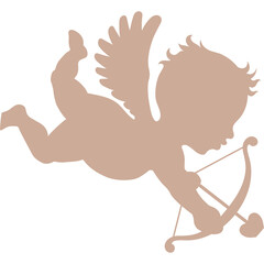 Silhouette of a cherub angel holding a bow and arrow with wings and a halo on a transparent background with a light brown hue representing love and romance