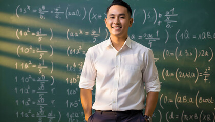 Teacher smiling in front of chalkboard with equations.