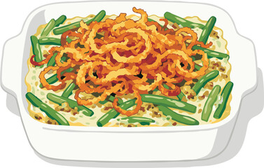Delicious casserole dish brimming with fresh green beans and topped with crispy golden fried onion rings, perfect for holiday feasts and family gatherings