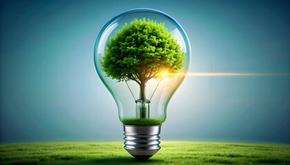 Tree growing inside glass light bulb, sustainability concept.