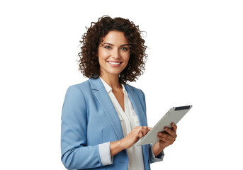 Professional businesswoman smiling holding tablet isolated png image for digital marketing and advertising. stock photo of a woman in blue blazer isolated on transparent background