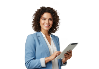 Professional businesswoman smiling holding tablet isolated png image for digital marketing and advertising. stock photo of a woman in blue blazer isolated on transparent background