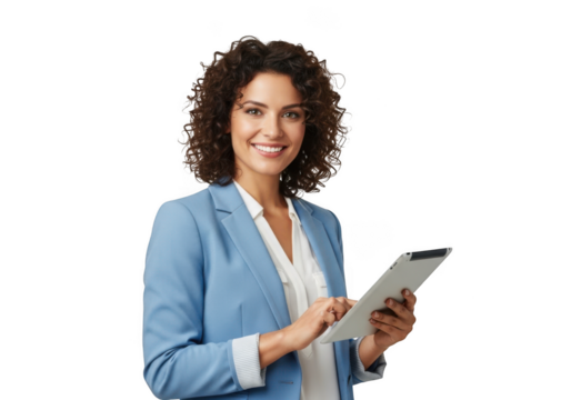 Professional businesswoman smiling holding tablet isolated png image for digital marketing and advertising. stock photo of a woman in blue blazer isolated on transparent background - Powered by Adobe