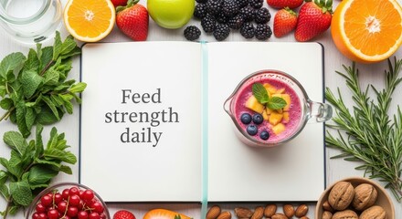 A vibrant smoothie with fresh fruit alongside an open book