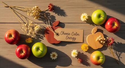 Apples on a wooden table with flowers and a positive message