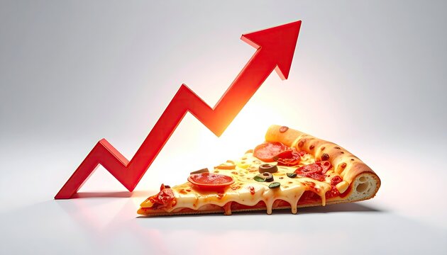 A slice of pepperoni pizza is shown next to a red arrow graph pointing upwards indicating an increase in food prices or demand isolated on a white background with studio lighting