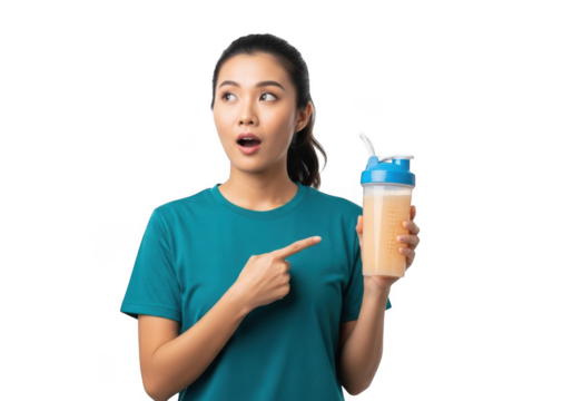 Surprised asian woman holding protein shake pointing with teal shirt fitness isolated on transparent background