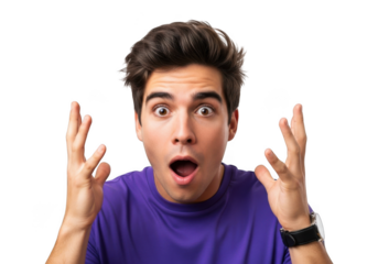 Shocked man with hands up, surprised expression, reaction image, fear, stress, anxiety, worry, confusion, frustration, isolated on transparent background