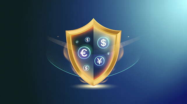 Golden shield protecting various currency symbols representing financial security and global economy