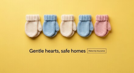 Five Colorful Knitted Baby Mittens in a Row on Yellow Background