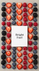 Fresh Berries Arranged Around a White Card That Says Bright Fuel