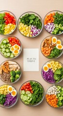 Healthy Food Bowls with Various Fresh Ingredients and Meal Planning Card