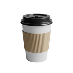 Disposable coffee cup with black lid and cardboard sleeve ready for hot beverages isolated on transparent background