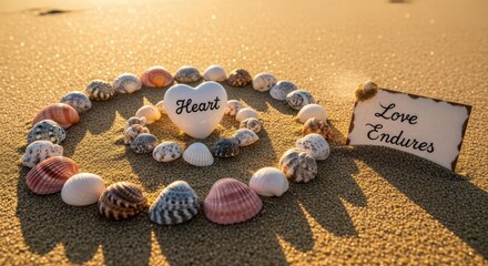 Heart Shape Formed With Seashells on Beach Sand