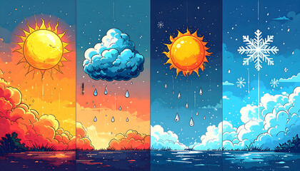 Colorful digital illustration depicting the four seasons through their distinct weather patterns, from a radiant summer sun to a crisp winter snowflake