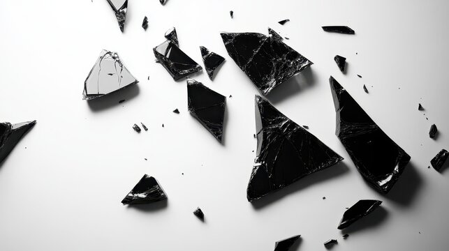 Shattered black glass fragments scattered across a white surface