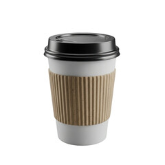 Disposable coffee cup with cardboard sleeve and black lid for hot beverages isolated on transparent background