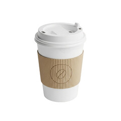 Disposable white coffee cup with cardboard sleeve isolated isolated on transparent background