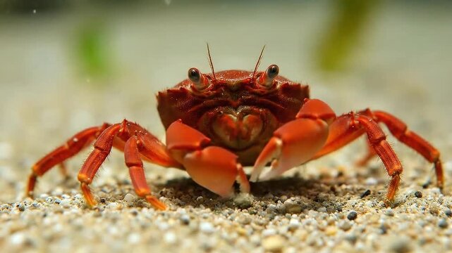 Close Up of a Red Crab in Sandy Bottom Aquarium with Clear Water Front Facing Shot and Soft Lighting with Green Plant in the Background Macro Animalia Malacostraca Decapoda Brachyura
