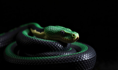 Close up of a green python snake with detailed scales and an intense eye