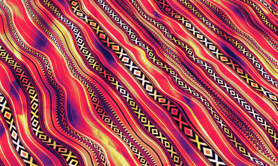 Abstract Geometric Sadu Textile Pattern with Vibrant Red, Yellow, and Black Waves
