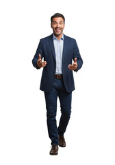 Enthusiastic businessman walking forward with open arms, presentation gesture, full shot, isolated on transparent background