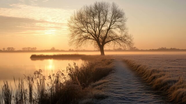 A solitary tree standing in a misty landscape at sunset
