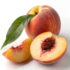 Fresh Whole and Sliced Peach on Pure White Background – Ultra-Realistic 8K Studio Photography