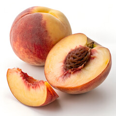 Fresh Whole and Sliced Peach on Pure White Background – Ultra-Realistic 8K Studio Photography