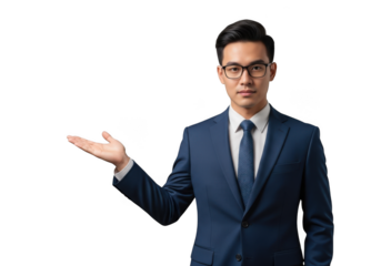 Professional asian businessman in suit presenting or offering with open palm hand gesture stock photo, isolated on transparent background