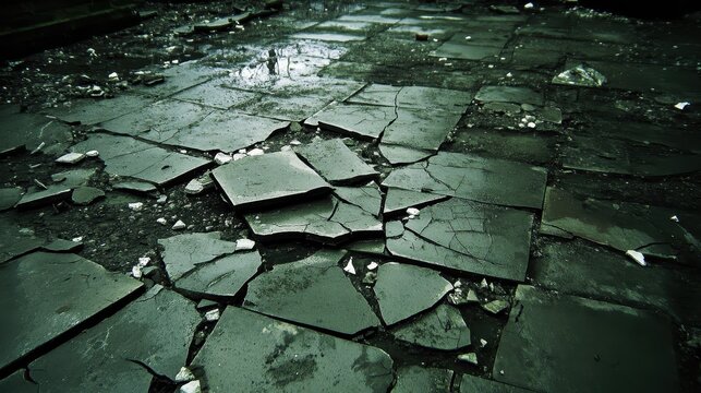 Broken Ceramic Tiles Scattered on a Wet Surface Outdoors - Powered by Adobe