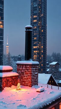 Snow-Covered Rooftop with Illuminated Miniature Christmas Tree and Urban Skyline at Dusk