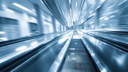 A futuristic, blurred image of a moving walkway, conveying a sense of speed and modern architecture in a sleek, metallic environment.