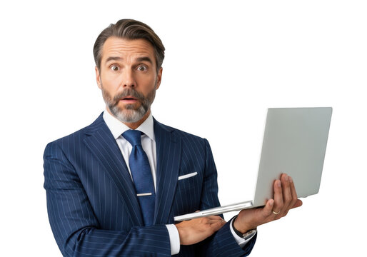 Surprised businessman holding laptop looking shocked executive reaction news announcement isolated on transparent background
