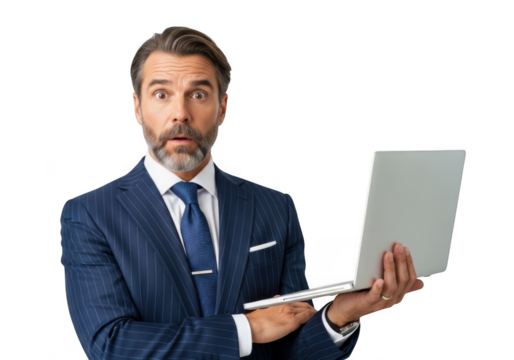 Surprised businessman holding laptop looking shocked executive reaction news announcement isolated on transparent background - Powered by Adobe