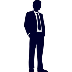 Silhouette of a man in a navy blue suit and tie standing with hands in pockets on a transparent background
