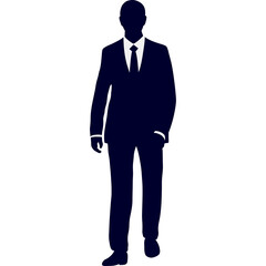 Silhouette of a Man in a Navy Blue Suit and Tie Walking Forward on Transparent Background