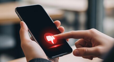 Person pressing a thumbs down icon on a smartphone screen, indicating disapproval or dislike.