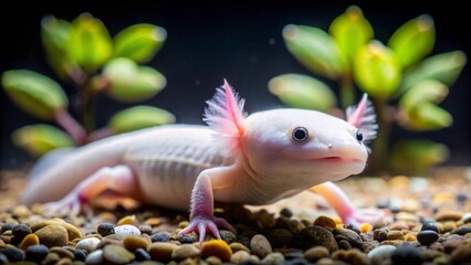 Albino axolotl exploring a vibrant underwater world, showcasing its unique features and delicate pink gills, amidst smooth pebbles and lush aquatic plants.