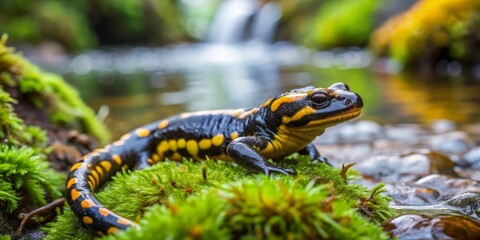 A fire salamander rests on vibrant green moss near a tranquil stream