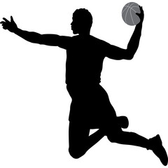 Silhouette of a male basketball player in mid-air with arms raised preparing to shoot a grey basketball against a white background