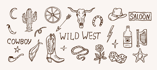 Hand drawn collection of cowboy elements. Wild west illustration 
