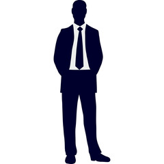 Silhouette Of A Man In A Dark Blue Suit And White Shirt With A Tie Standing With Hands In Pockets Against A White Background