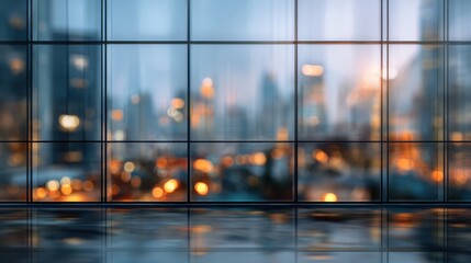 Obraz premium A blurred cityscape view through a large glass window, featuring soft bokeh lights and a tranquil atmosphere.