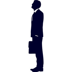 Silhouette of a man in a dark navy blue suit and tie holding a briefcase standing in profile against a white background during the day.