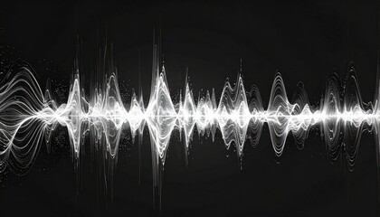 Abstract sound wave visualization with glowing white particles against a dark background representing audio spectrum analysis and digital signal processing in motion