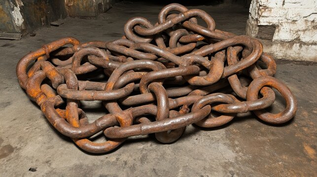 Close up of heavy rusty iron chains lying on a concrete surface
